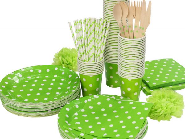 Promotion-Green-White-Polka-Dots-Tableware-Party-paper-plate-cups-napkins-paper-straw-without-Cutlery-Set