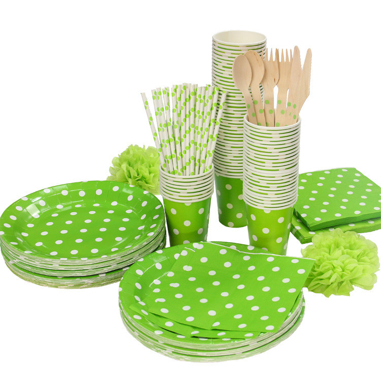 Promotion-Green-White-Polka-Dots-Tableware-Party-paper-plate-cups-napkins-paper-straw-without-Cutlery-Set